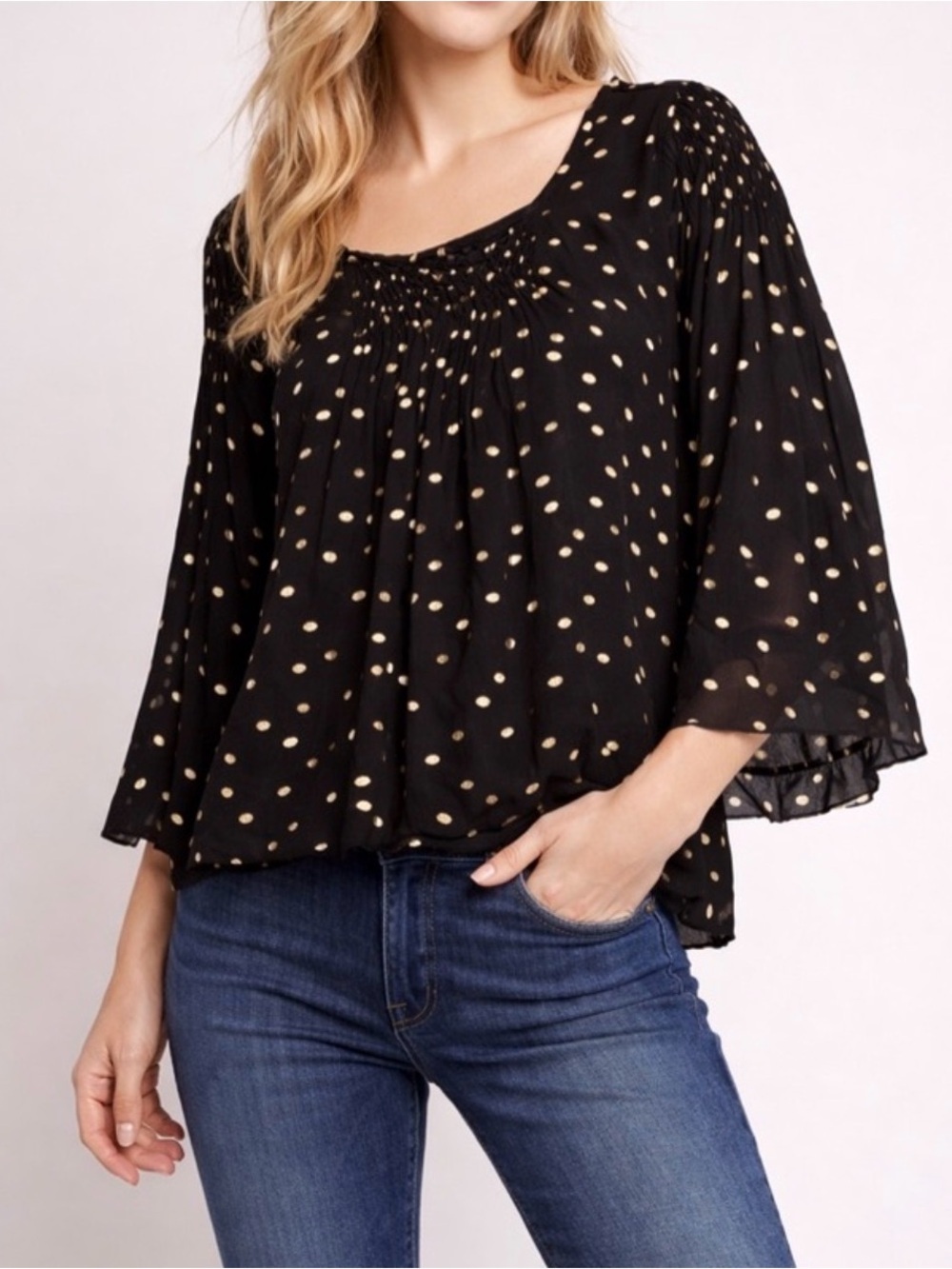 Anthropology Floreat black/gold polka dot top, small